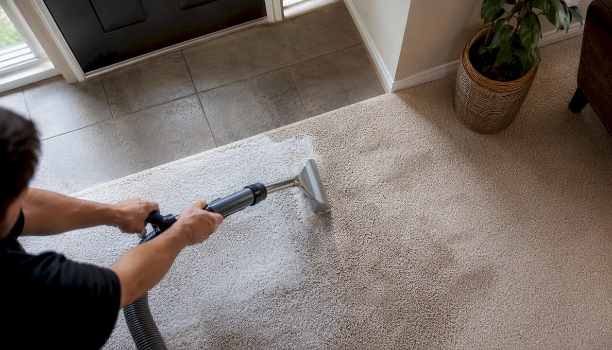 Hands operating carpet extraction hose on carpet