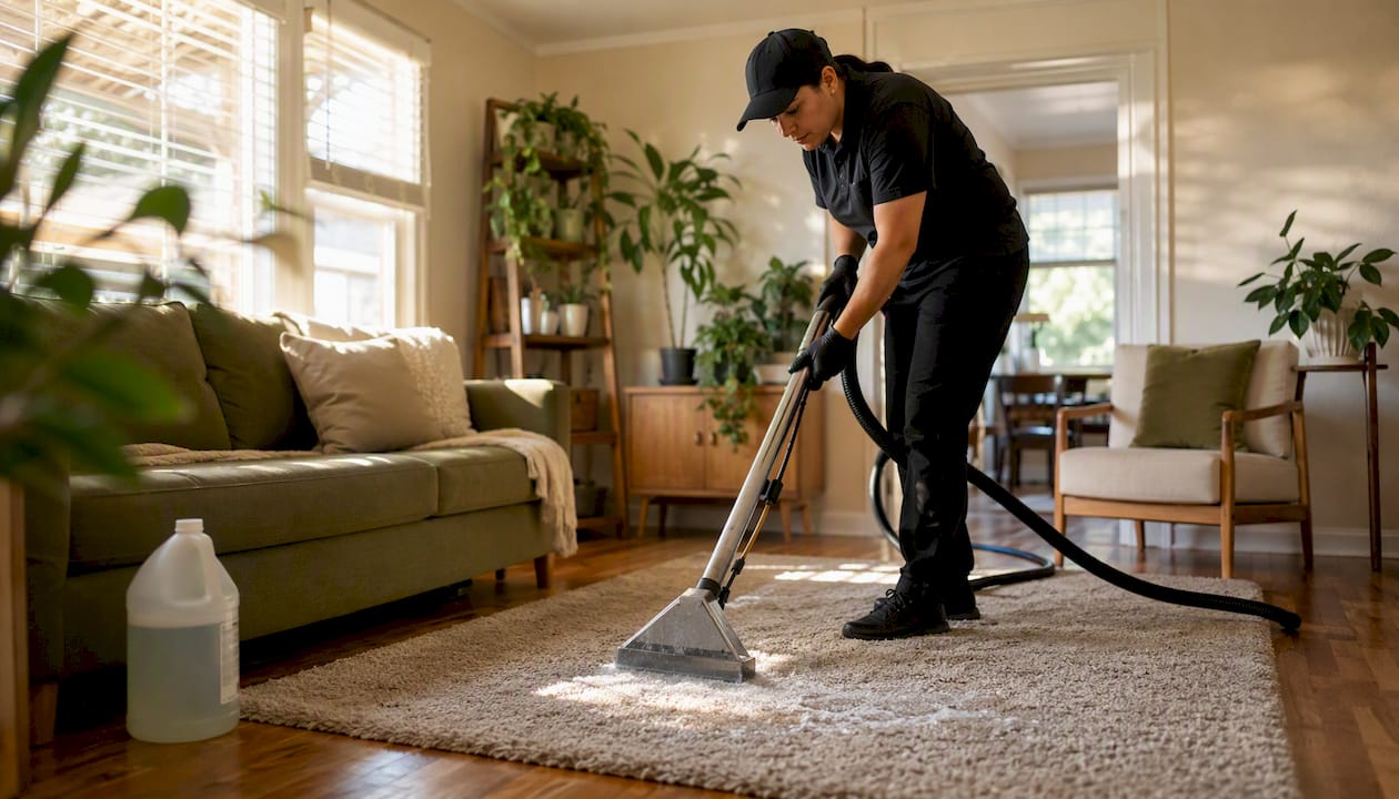 Professional cleaning carpet with hot water extraction wand