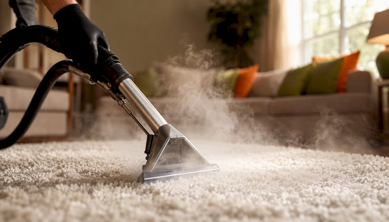 Carpet steam cleaning in progress
