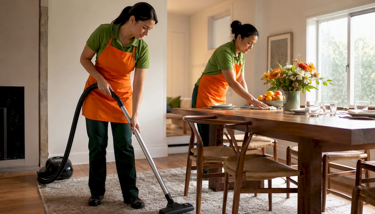 Two cleaners collaborating in living room