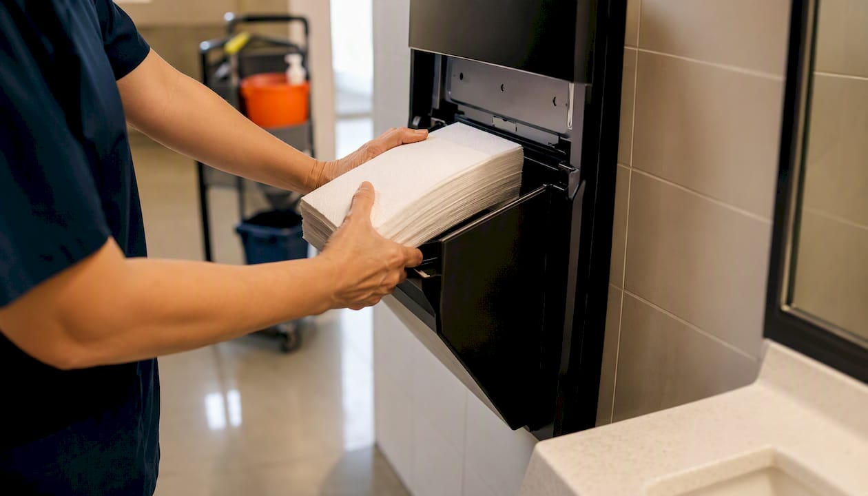 Janitor restocking office restroom supplies