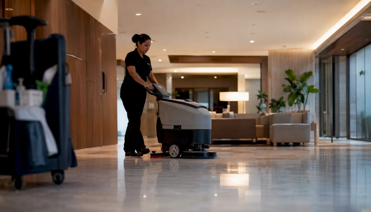 Cleaner using auto-scrubber in empty office hallway