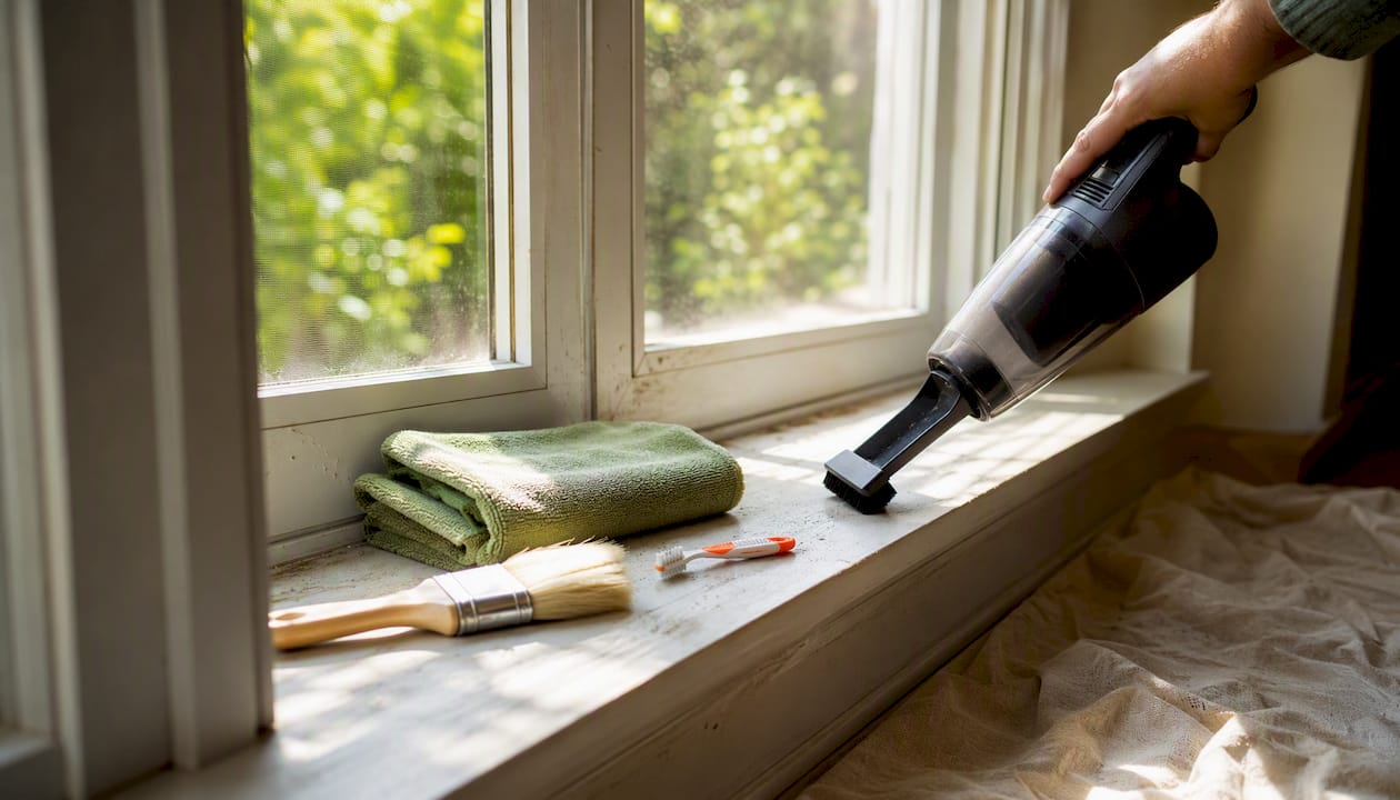Window sill with cleaning tools preparing for inside window cleaning