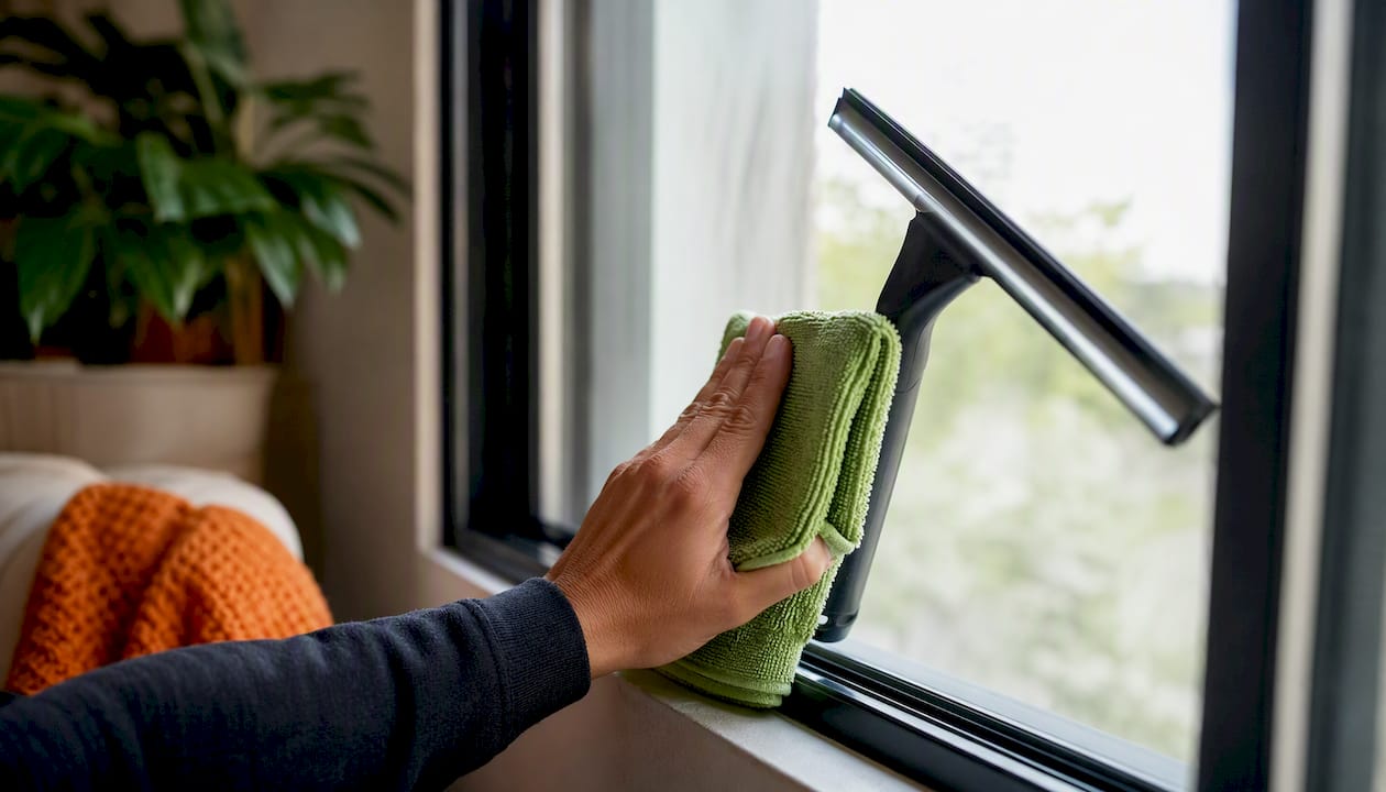 Hand buffing window glass edge with microfiber cloth and squeegee