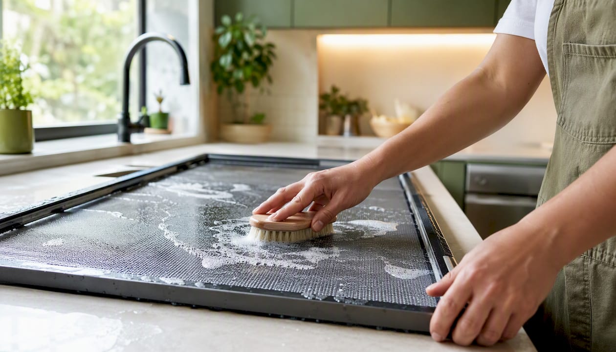 Person scrubbing window screen with soft brush