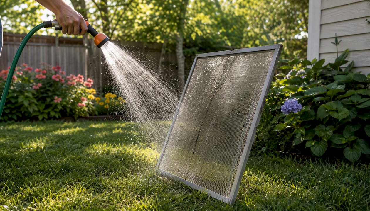 Rinsing window screen mesh with garden hose