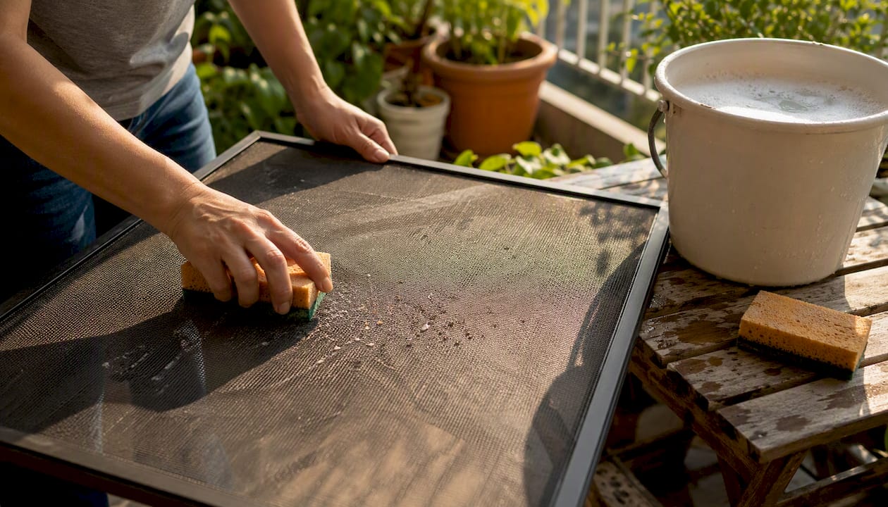 Hands labeling window screen with painter's tape