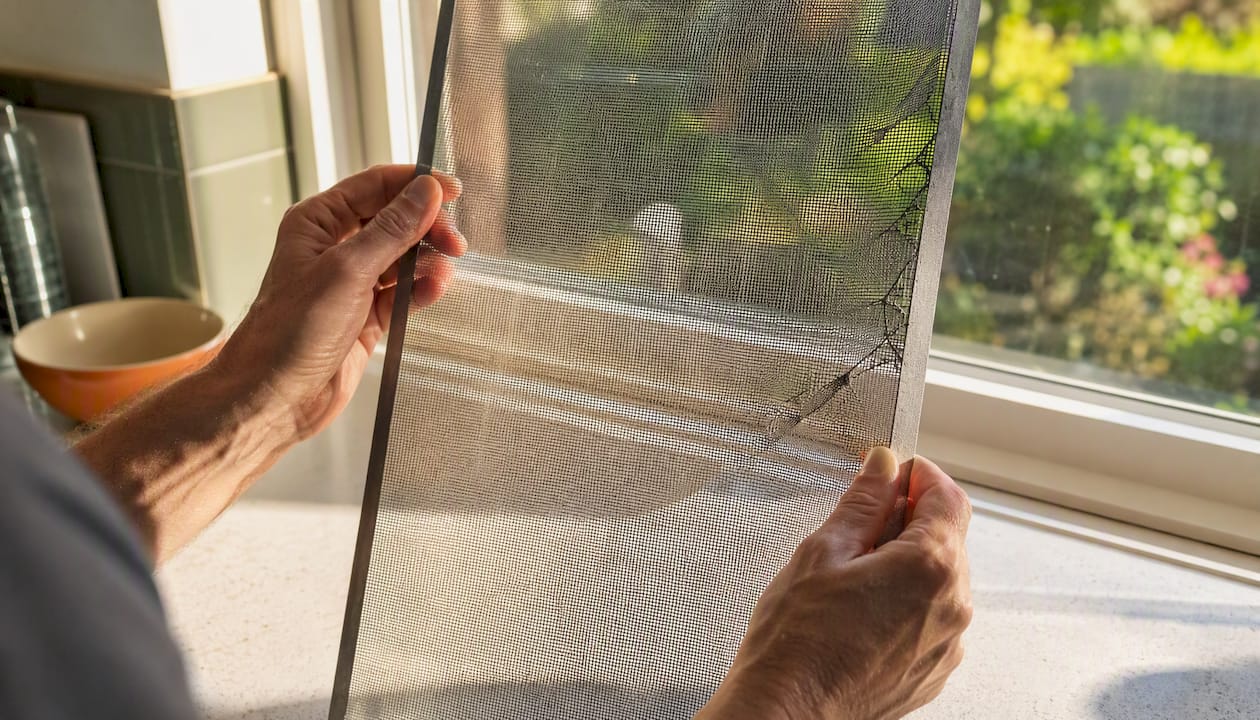 Inspecting window screen for tears by holding to light