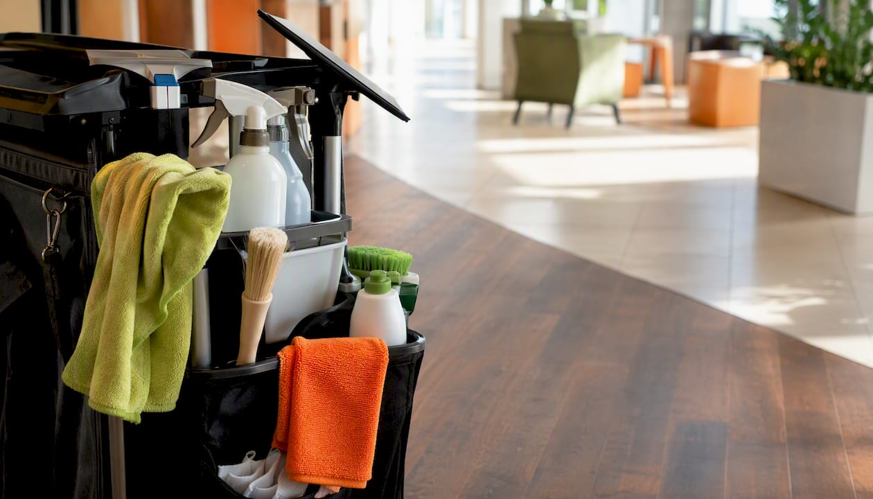 Cleaning tools and surface samples on janitor cart