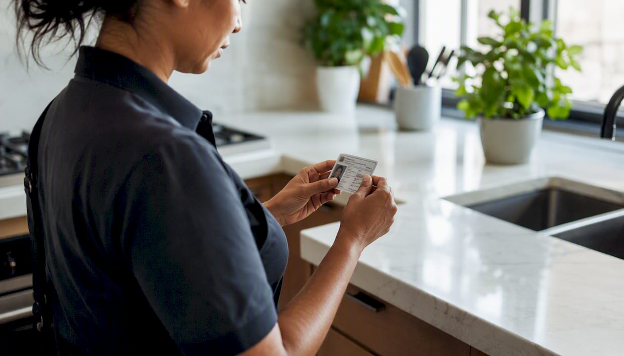 Cleaner checking identity card in home