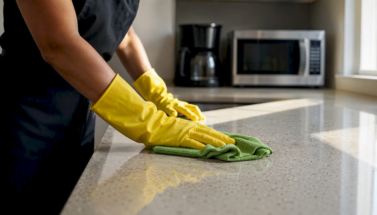 Gloved hands wiping break room kitchen counter