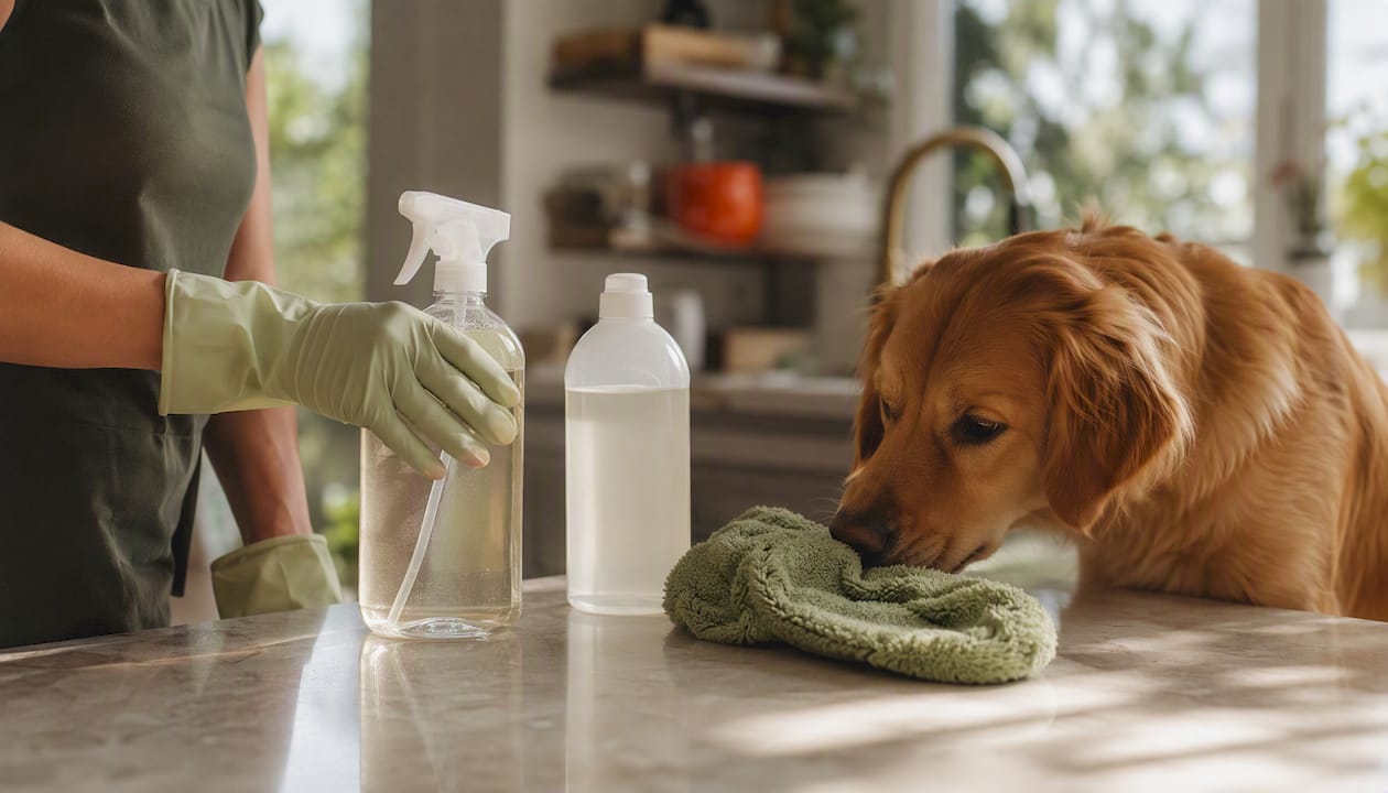 Pet-safe cleaning products and dog in kitchen
