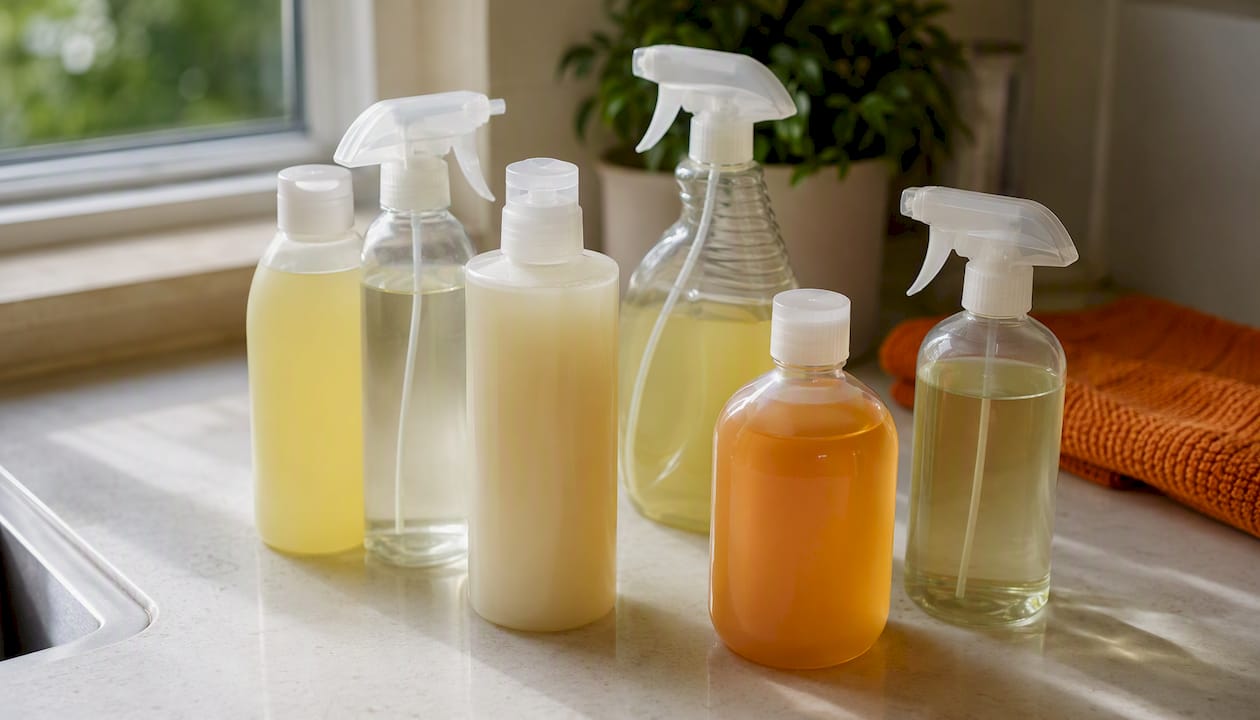 Close-up of pet-safe cleaning products on counter