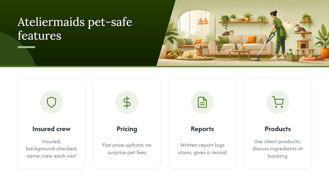 How does Ateliermaids handle pet-safe cleaning? — overview diagram