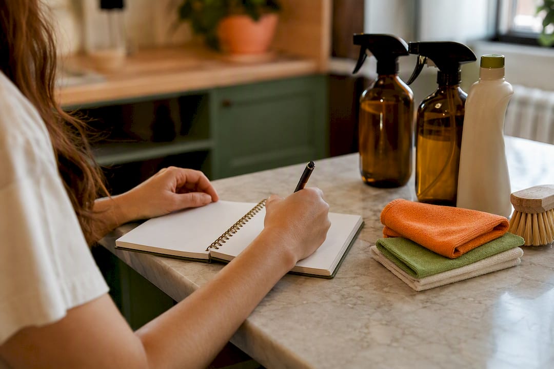 Hands writing cleaning checklist at kitchen table