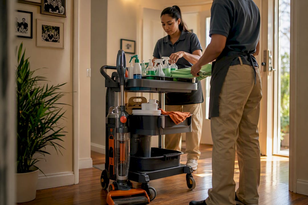 Atelier Maids crew preparing cleaning supplies at home entry