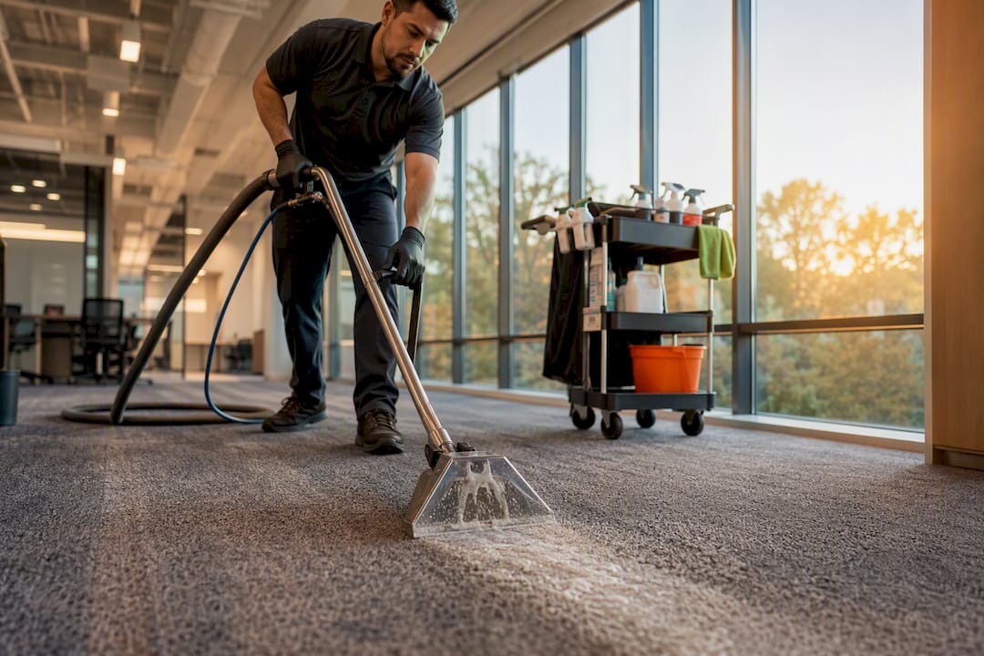 Technician using commercial carpet cleaning machine