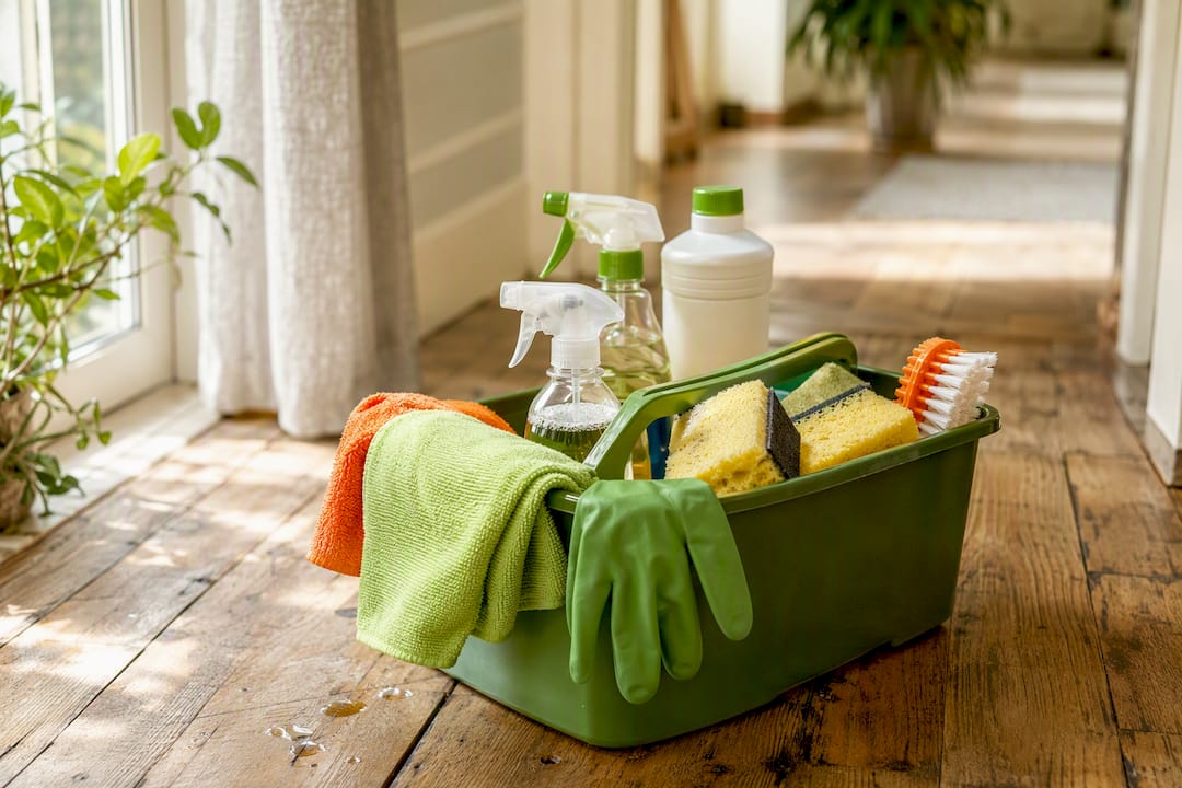 Cleaning supplies in caddy ready for use
