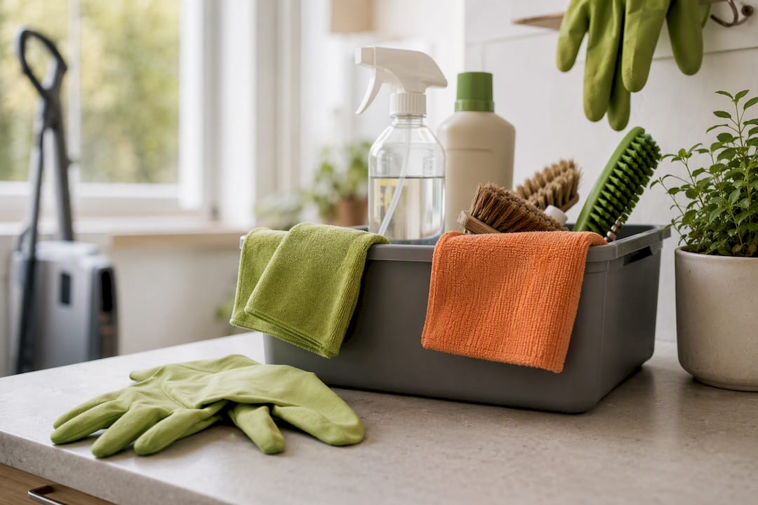 Minimal essential cleaning supplies kit on shelf