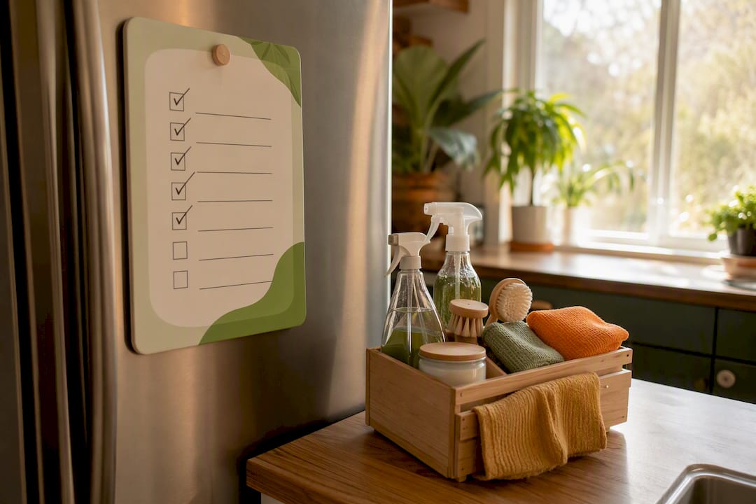 Dry-erase cleaning checklist in cupboard with supplies