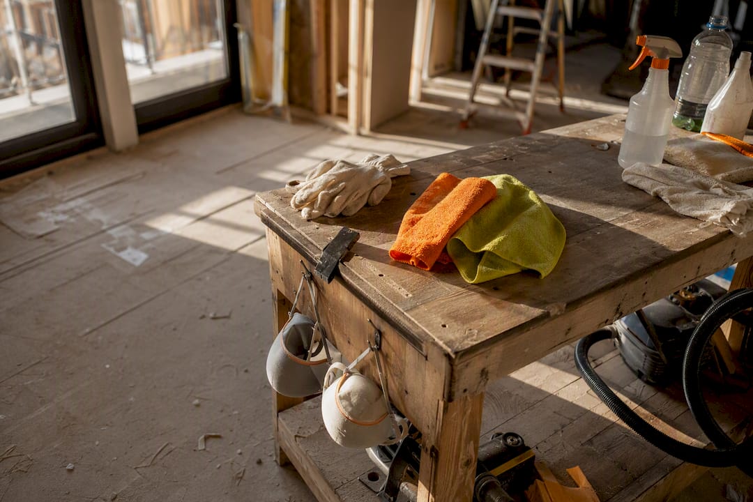 Cleaning supplies and workspace after construction