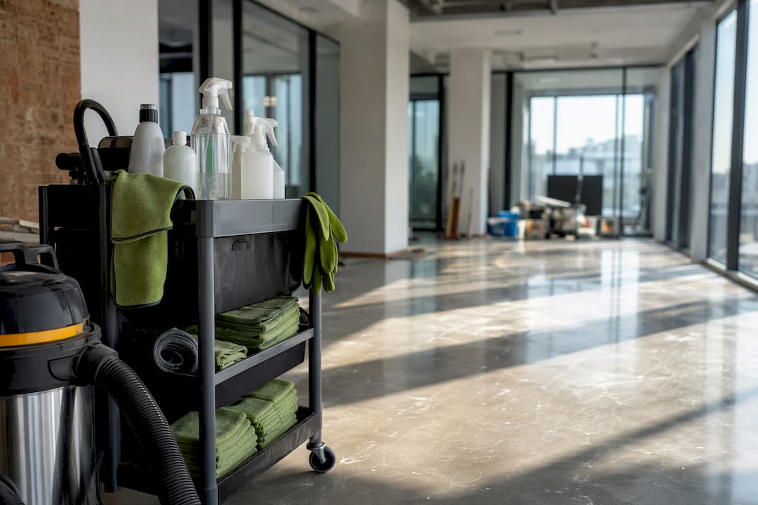 Post construction cleaning supplies cart and vacuum