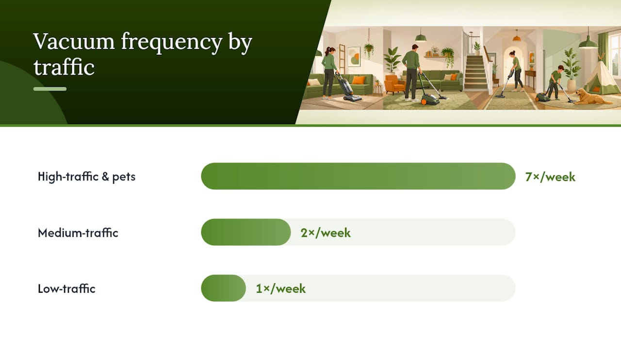 Vacuuming, spot cleaning, and the tools that keep carpet healthy between visits — overview diagram