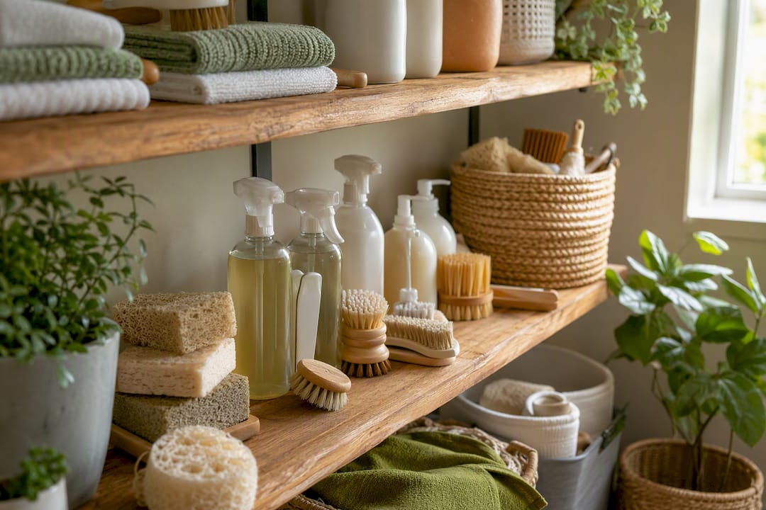 Eco-friendly cleaning supplies on home shelf