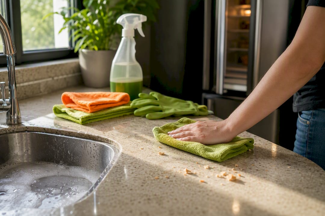Office kitchen cleaning supplies ready on counter