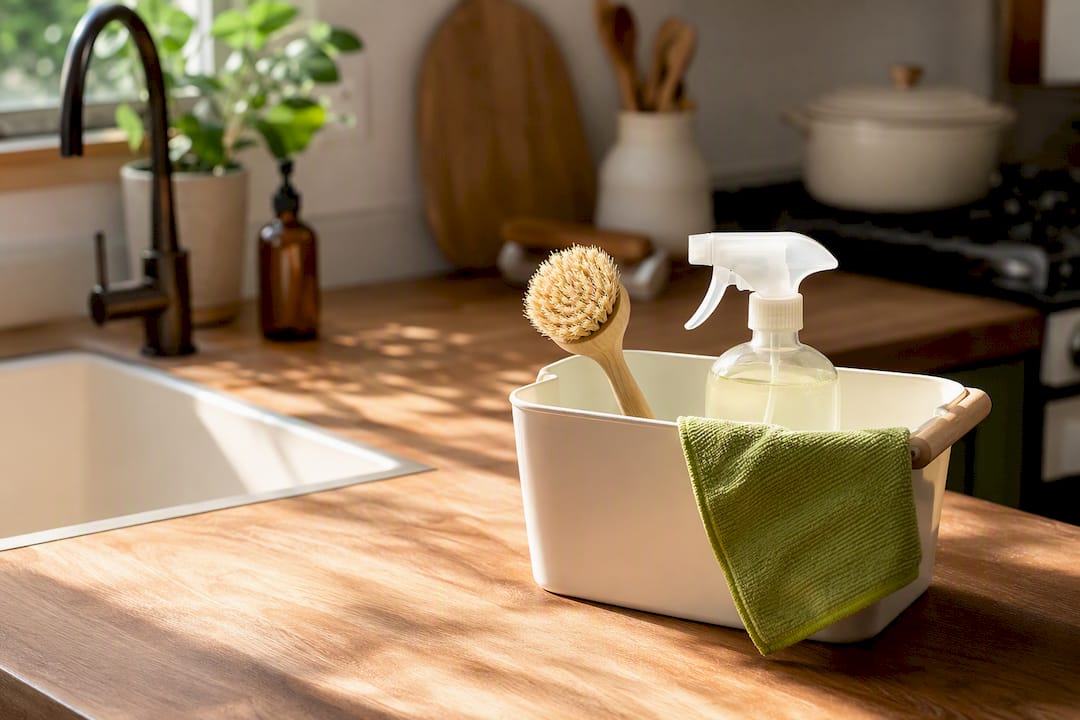 Cleaning caddy with cloth and spray near kitchen sink