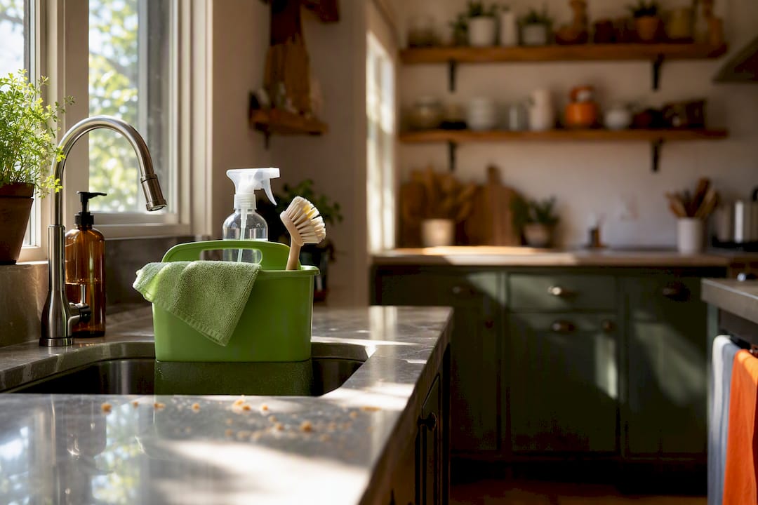 Cleaning supplies on kitchen counter beside sink