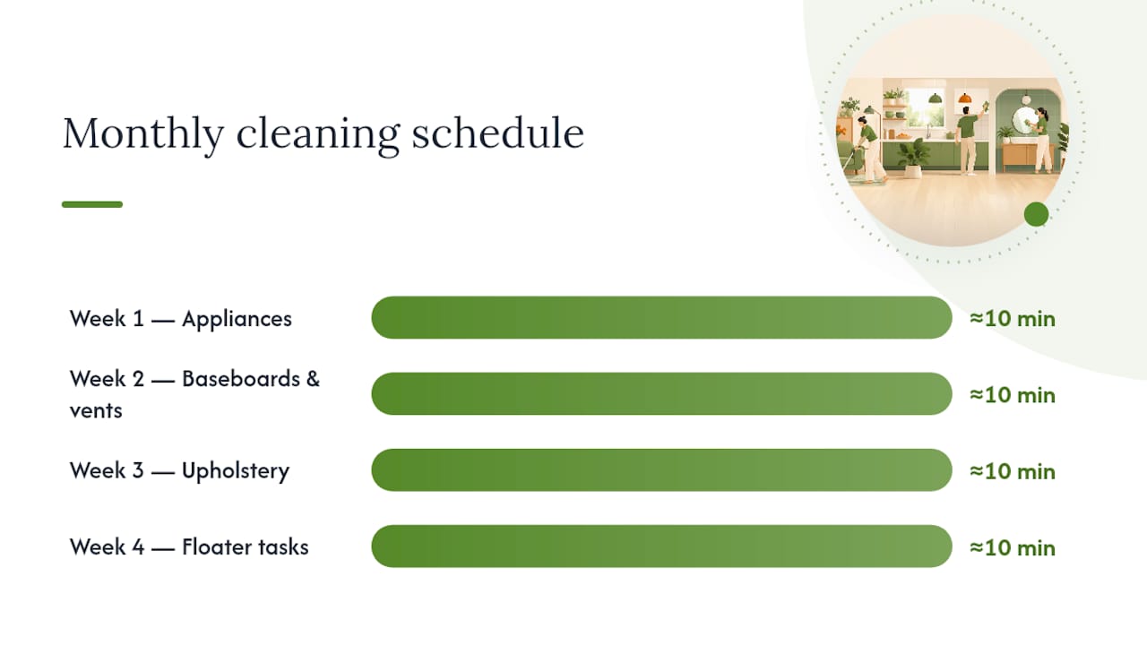 Monthly cleaning task schedule by weeks