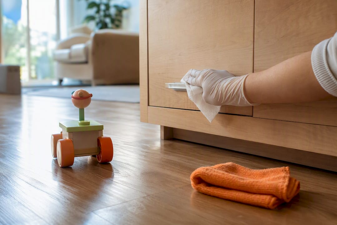 Wiping low cabinet handle near child toy