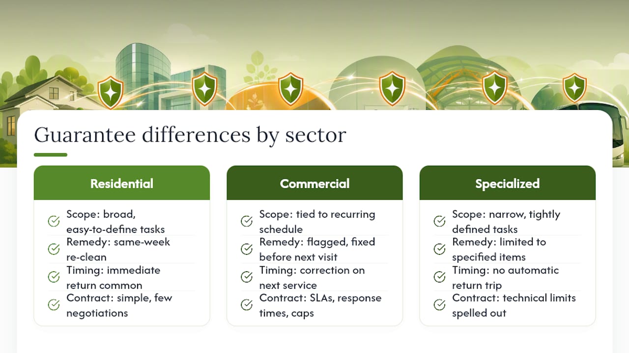 How guarantee policies differ across residential, commercial, and specialized cleaning — overview diagram