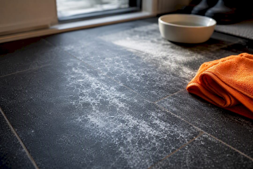 Salt residue haze across tiled entryway floor