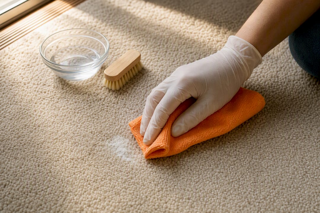 Hand blotting salt residue from carpet