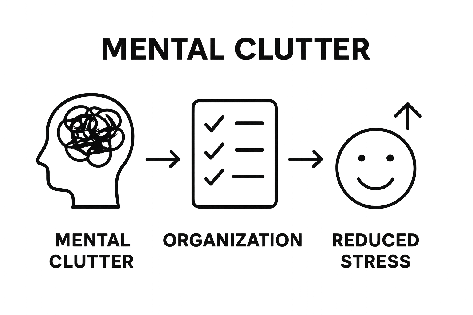 Infographic showing mental clutter, task list organization, and reduced stress