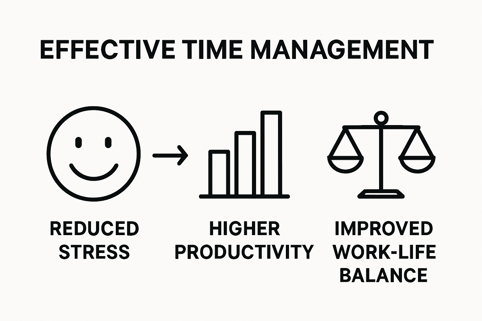 Infographic comparing benefits of time management: less stress, more productivity, improved work-life balance