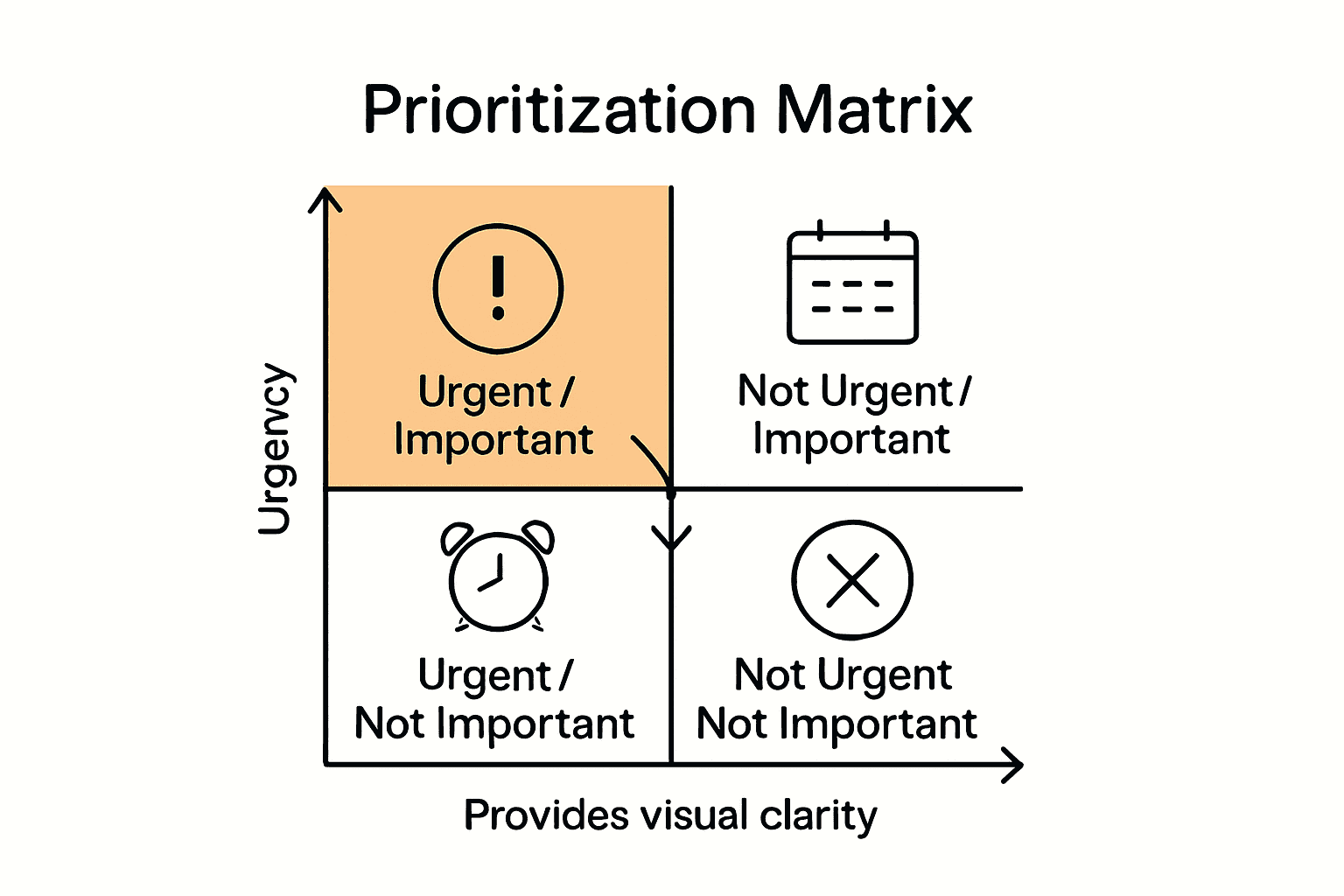 Infographic showing 2x2 task prioritization matrix with labeled quadrants and icons.