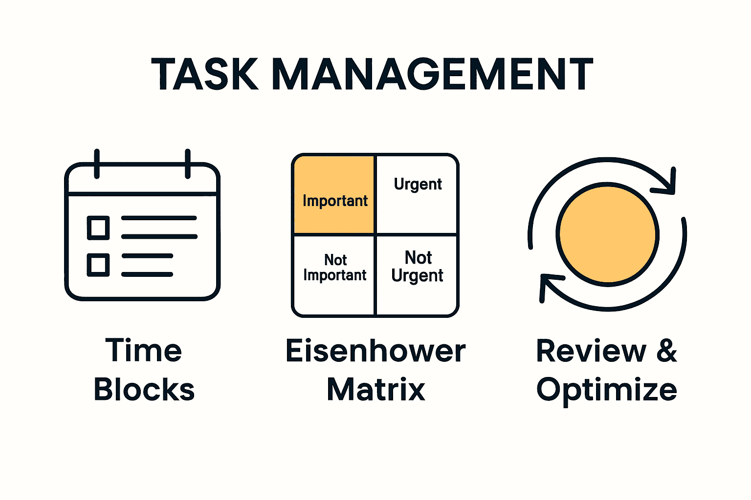 Infographic comparing time blocking, prioritizing, and review process