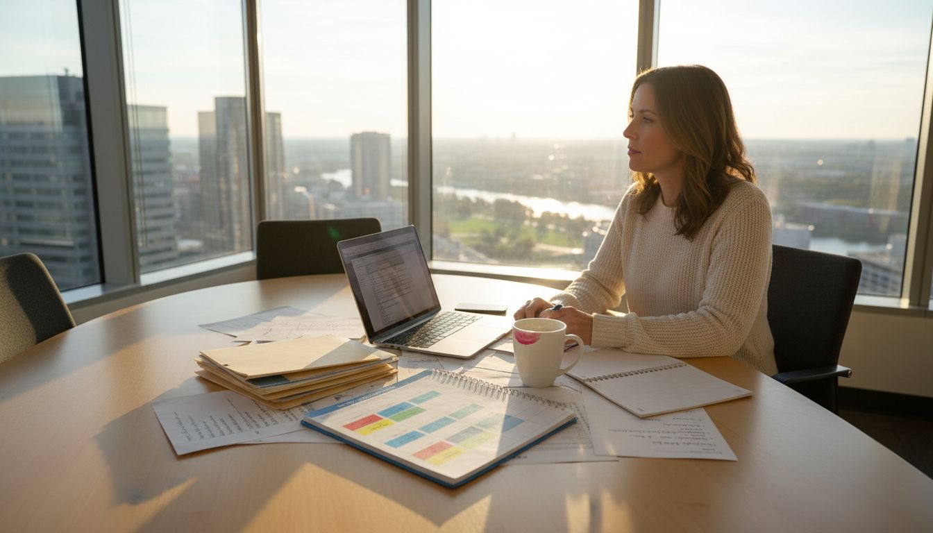 Professional woman scheduling in corner office