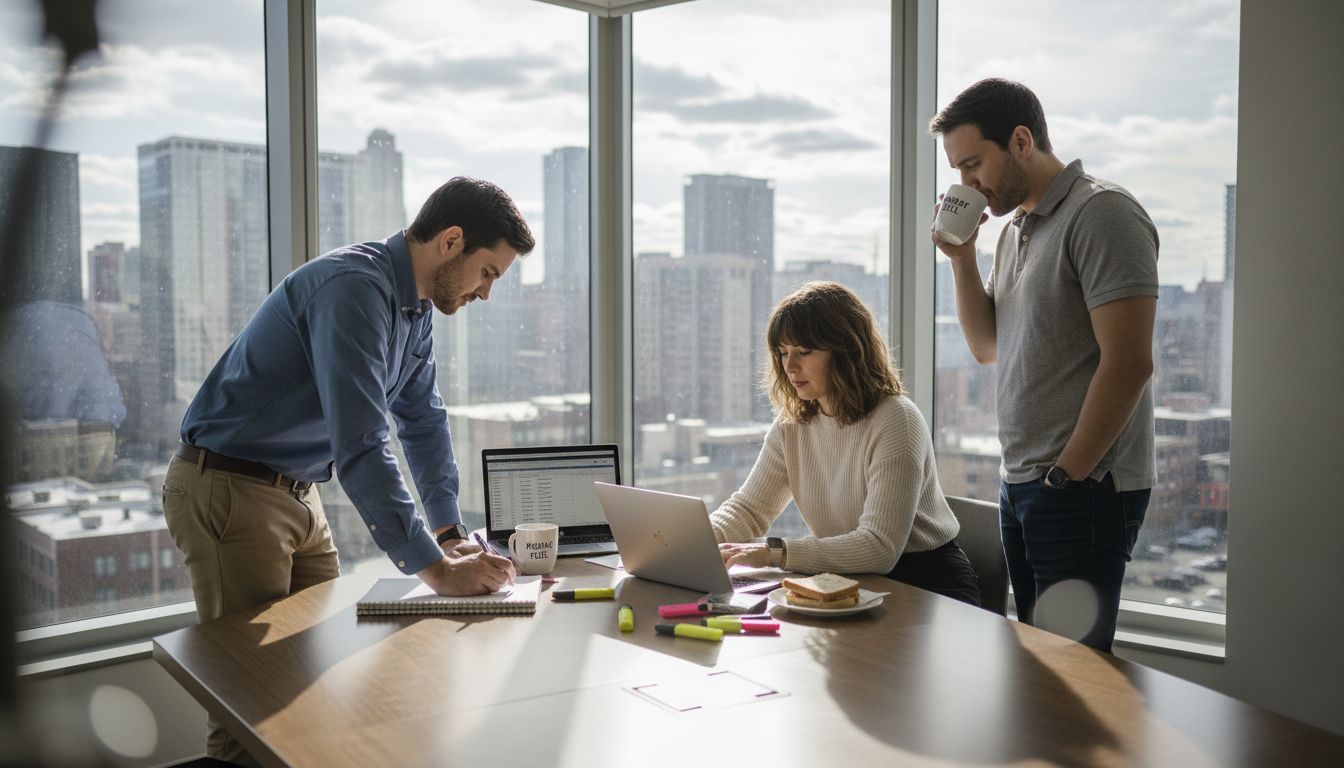 Office team discusses project prioritization matrix