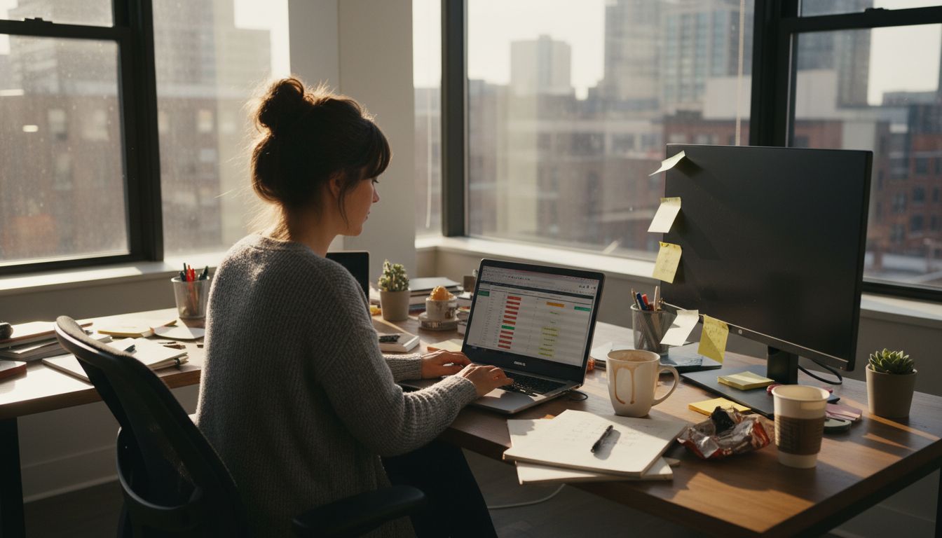 Woman updates task tracker at sunny corner desk