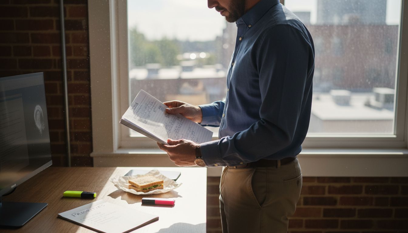 Project manager reviewing checklist by window
