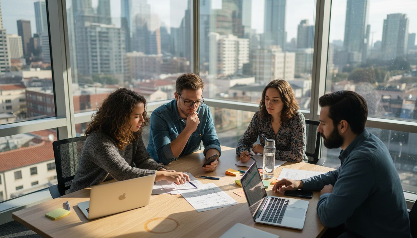 Team marking checklist in corner office