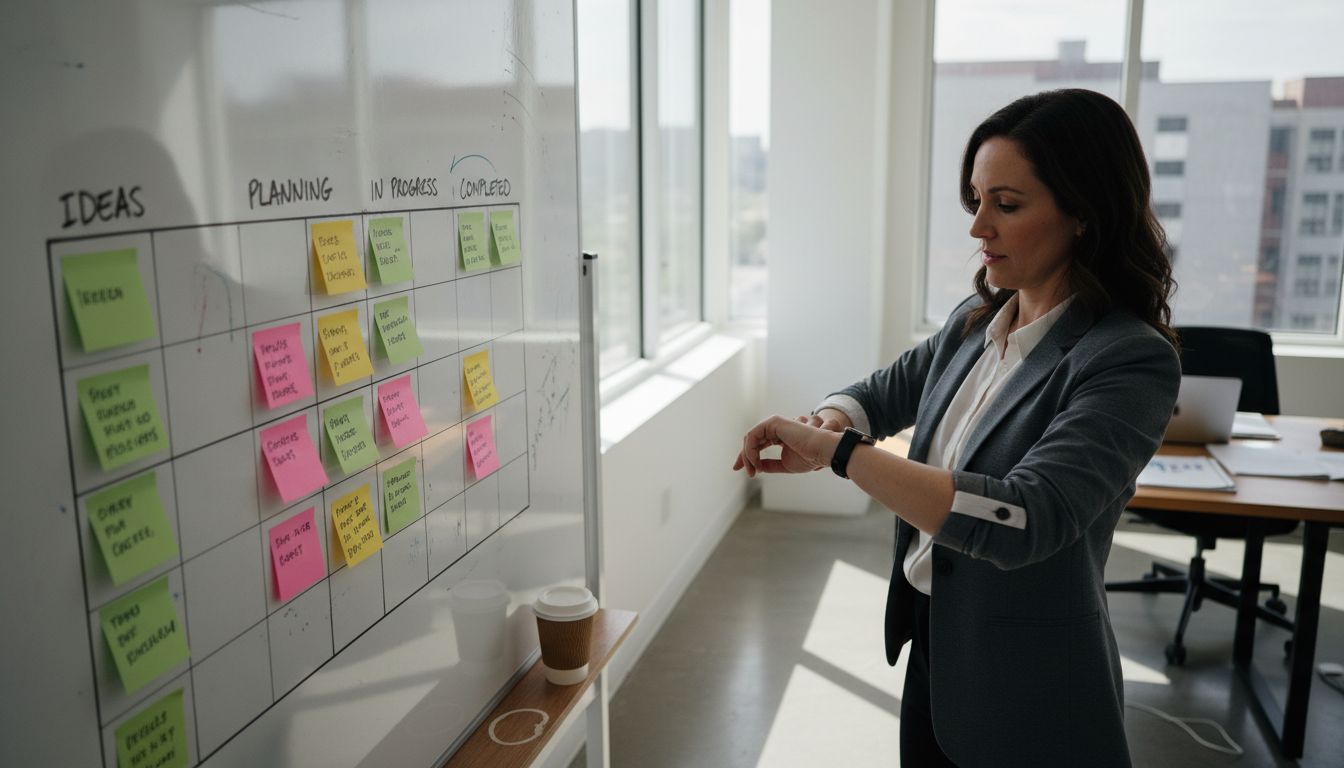 Project manager organizing timeline on whiteboard