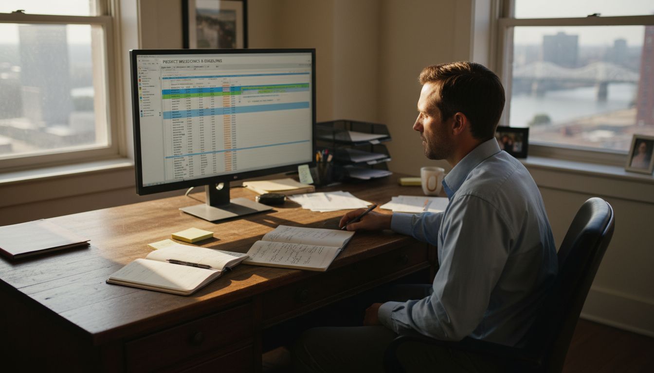 Project manager tracking multiple projects in office