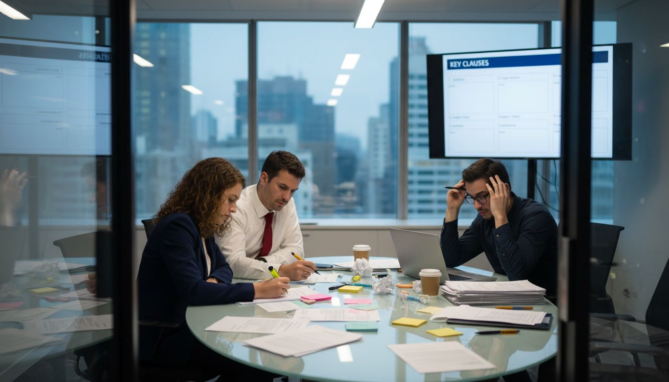 Team reviewing contract templates in meeting