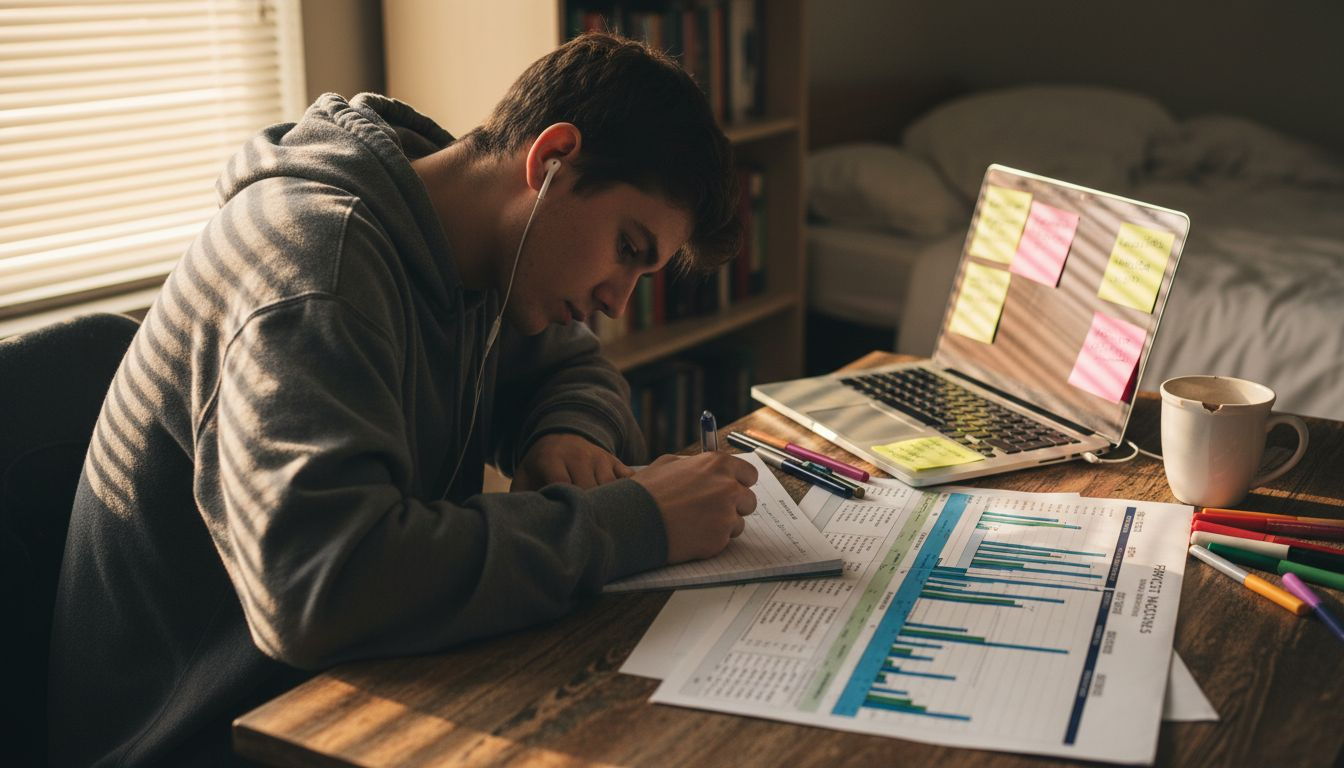 Student planning project on dorm room desk