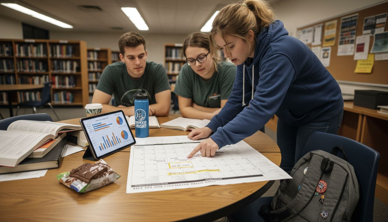 Students collaborating over project calendar
